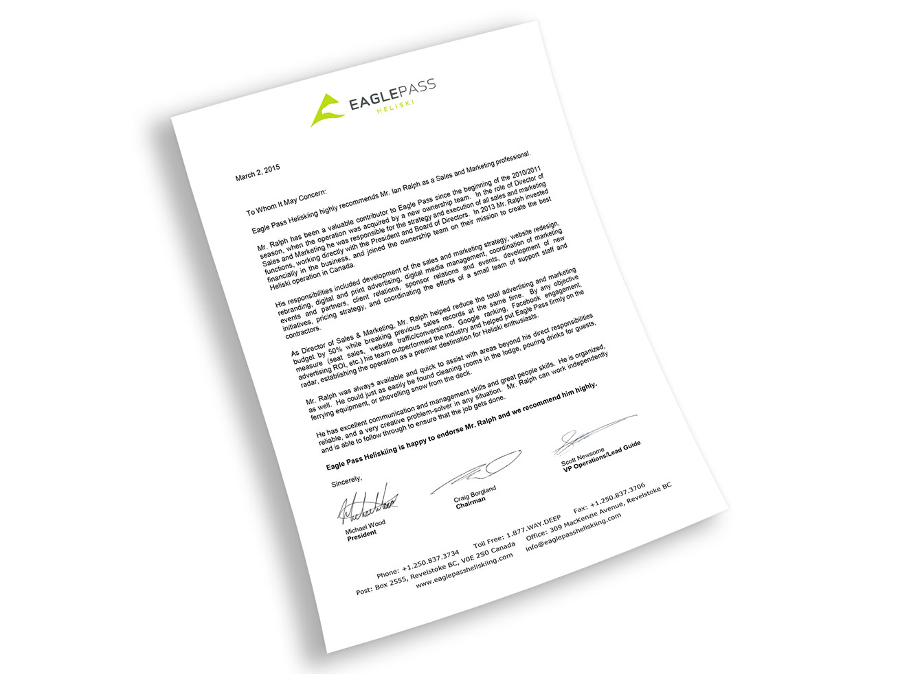 Eagle Pass Heliskiing Reference Letter