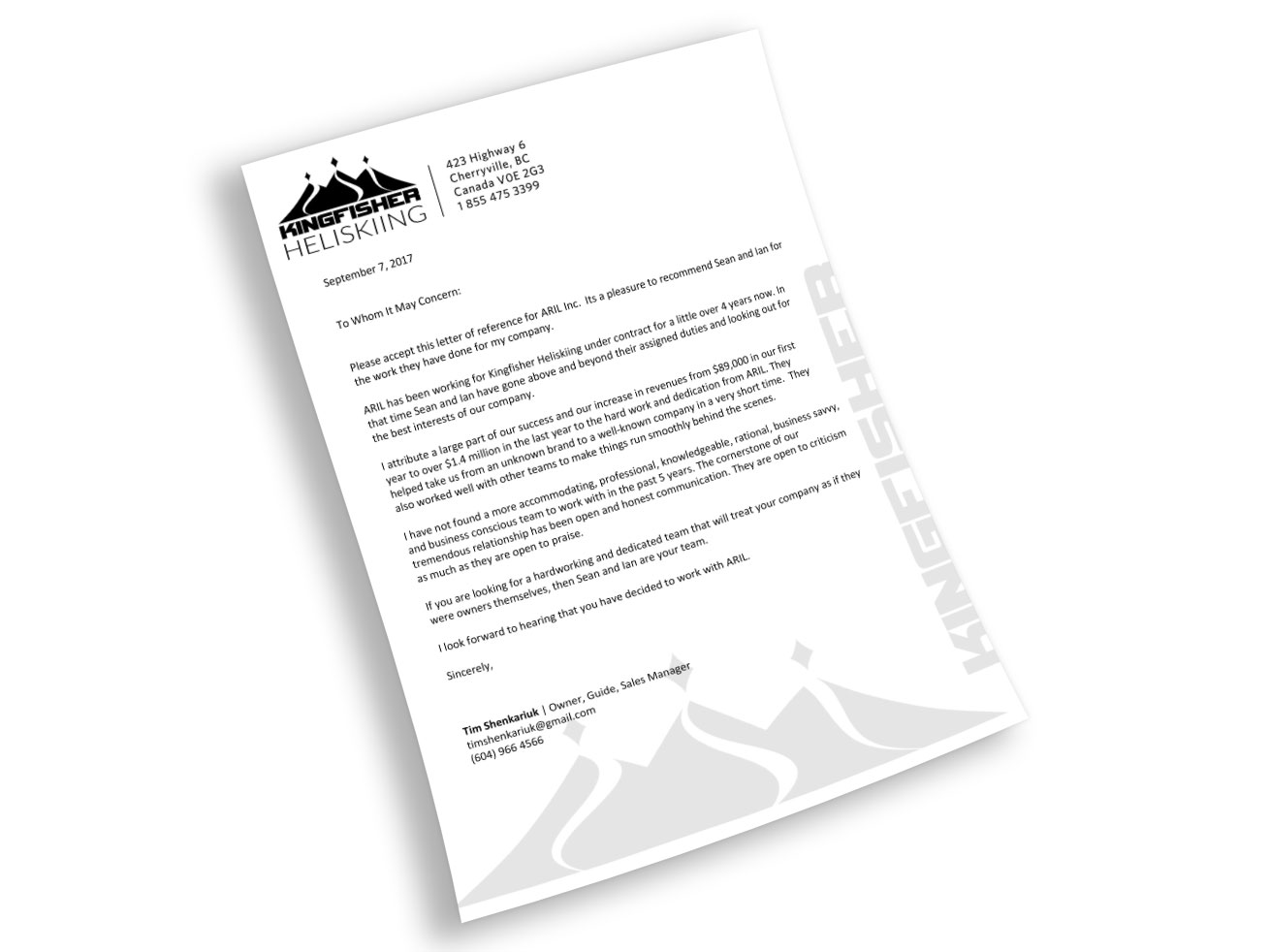 Kingfisher Reference Letter